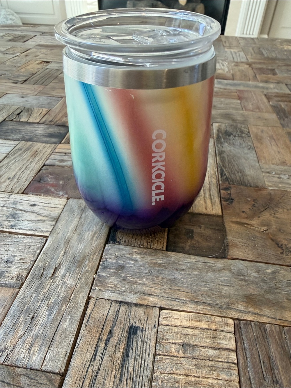 Corkcicle Ombre Stemless Wine Tumbler - Teal, Blue, Purple, Yellow with Lid.